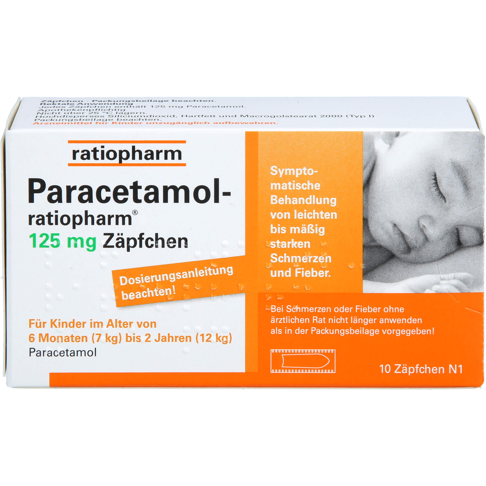 Paracetamolratiopharm 125 mg Zäpfchen, 10 St. Zäpfchen