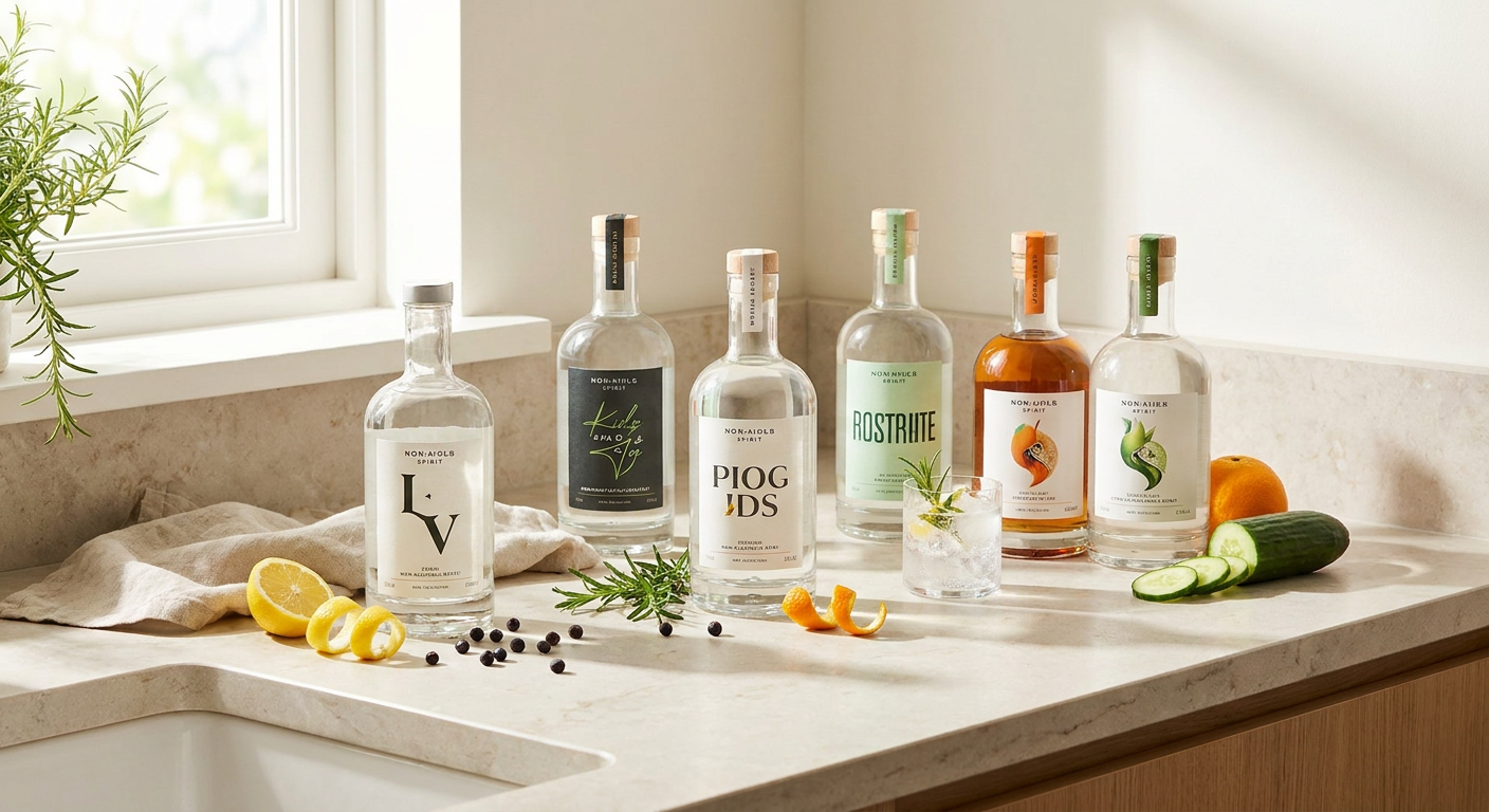 Hochwertige alkoholfreie Spirituosen und frische Botanicals auf einer Küchentheke
