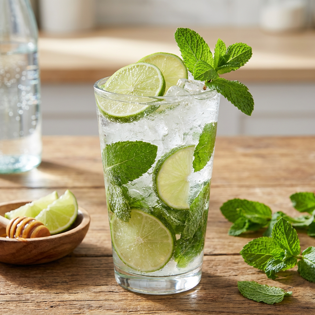 Ein erfrischender Virgin Mojito mit viel Crushed Ice, frischer Minze und Limettenscheiben