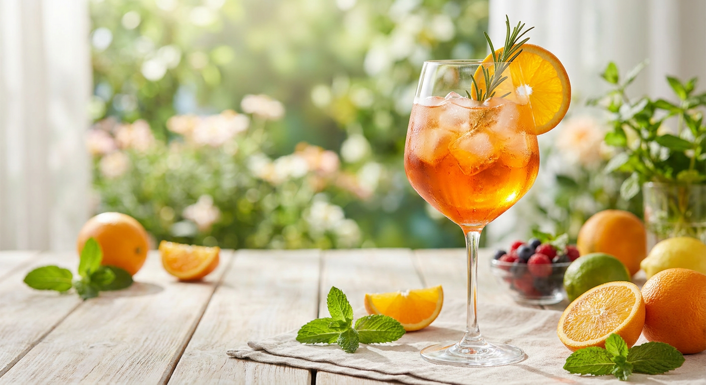 Ein leuchtend orangefarbener alkoholfreier Aperitivo Spritz in einem eleganten Weinglas