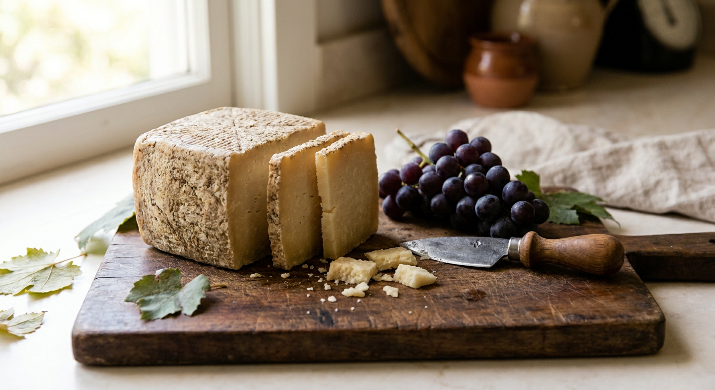 Rustic Pecorino cheese on a wooden board