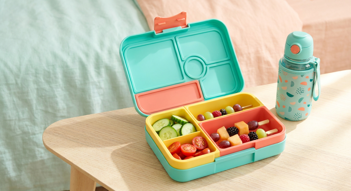 Bunte Pausenbox und Trinkflasche