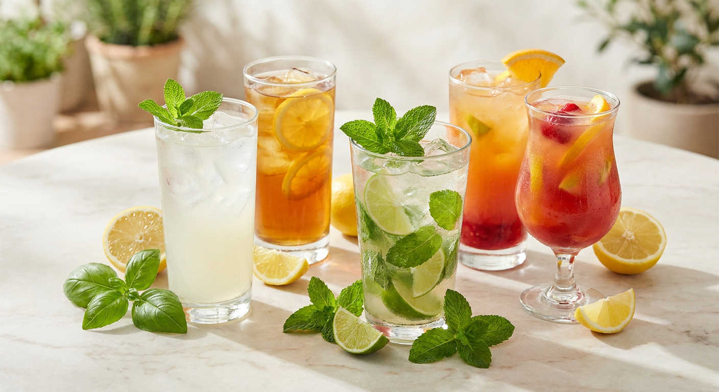 Colorful non-alcoholic cocktails on a table in a late summer garden