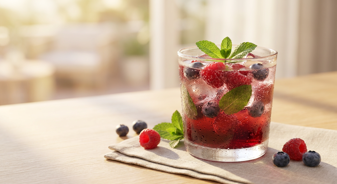 Wild Berry Dreams Mocktail with fresh berries and mint
