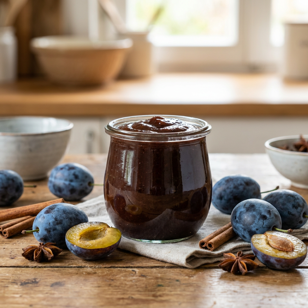 Traditionelles Zwetschgenmus im Glas mit frischen Pflaumen und Zimtstangen