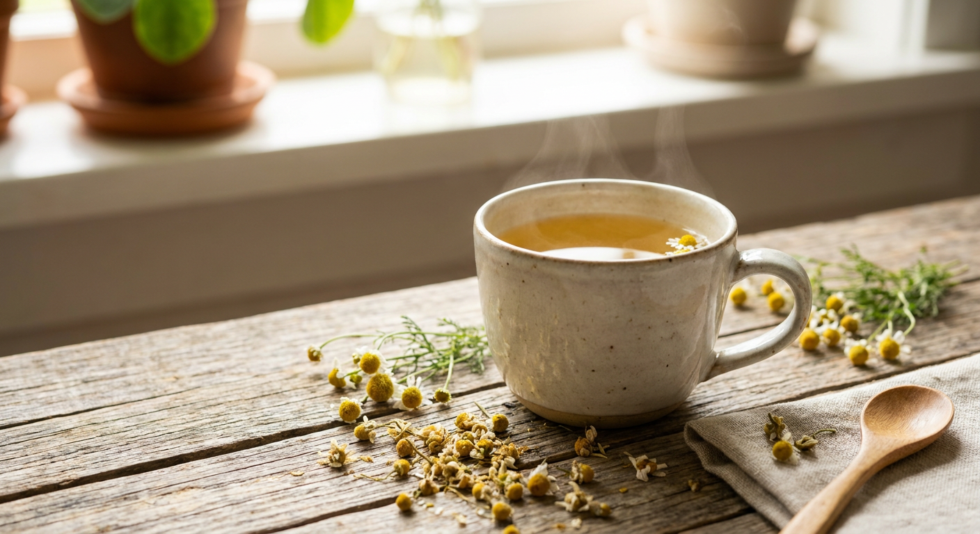 Eine Tasse Kamillentee zur Beruhigung des Magens