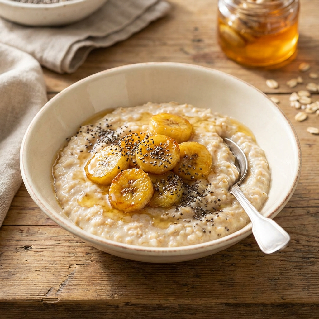 Cremiger Haferbrei mit Banane und Honig als Schonkost Frühstück