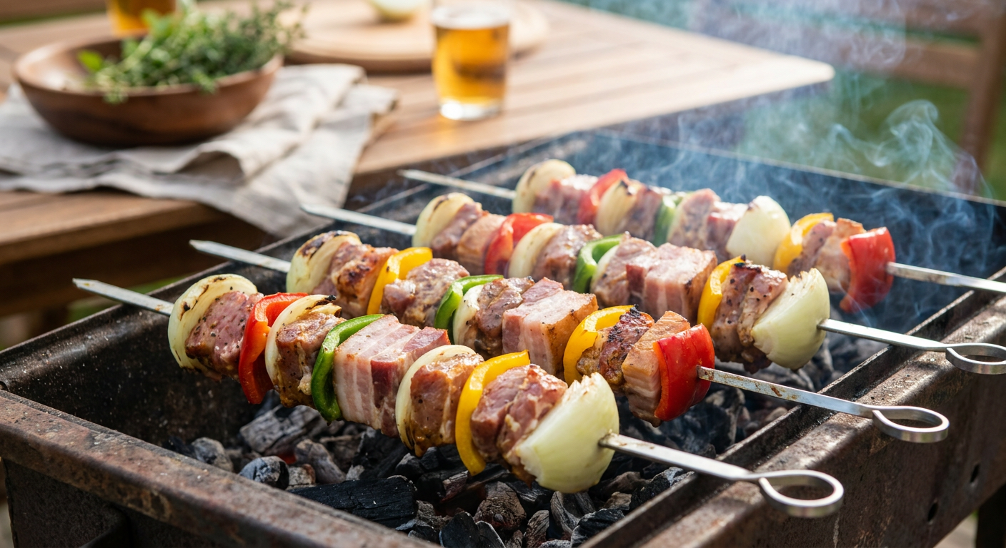 Bunte Schaschlikspieße auf dem Grill