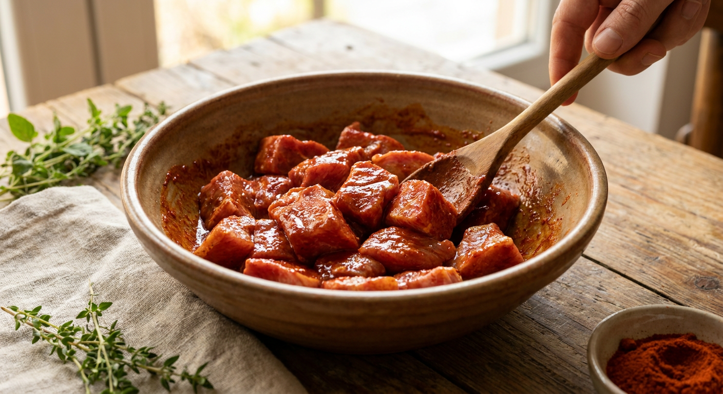 Fleischwürfel in roter Paprika-Senf-Marinade