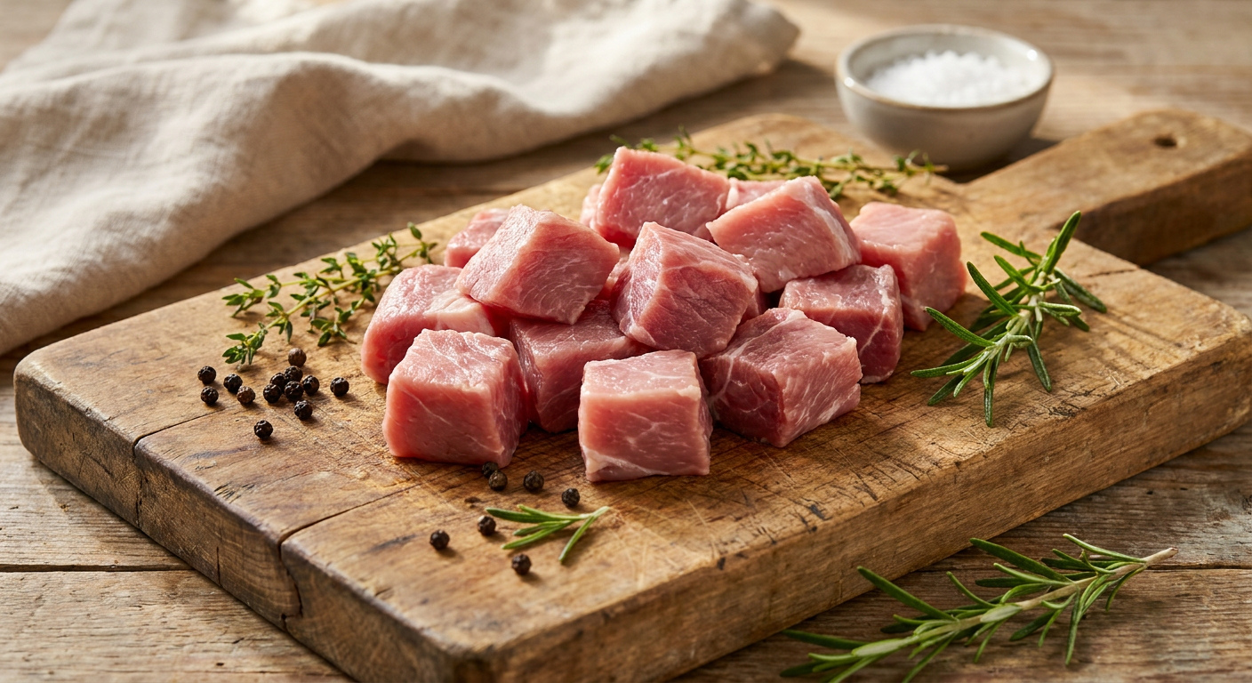 Frischer Schweinenacken in Würfel geschnitten