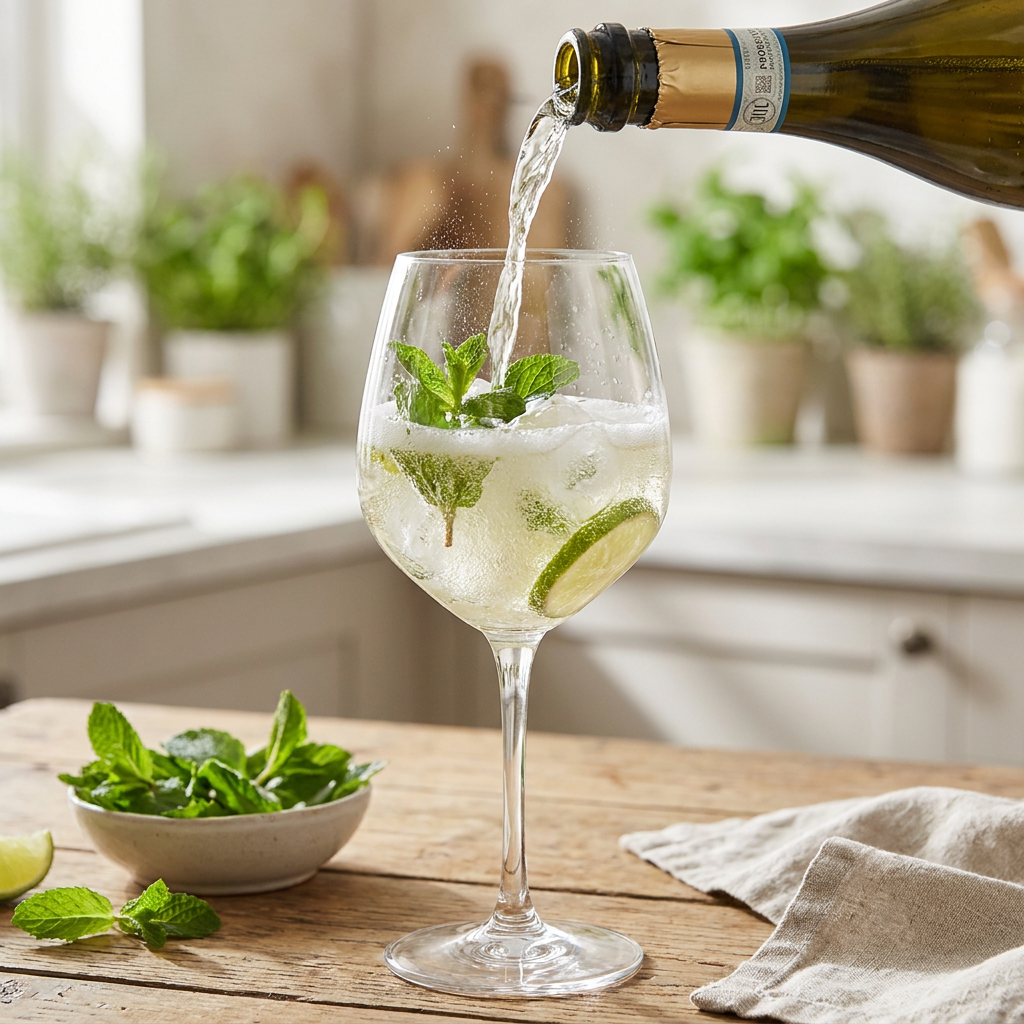Zubereitung eines Hugo Cocktails: Prosecco wird in ein Glas mit Eis, Minze und Limetten gegossen