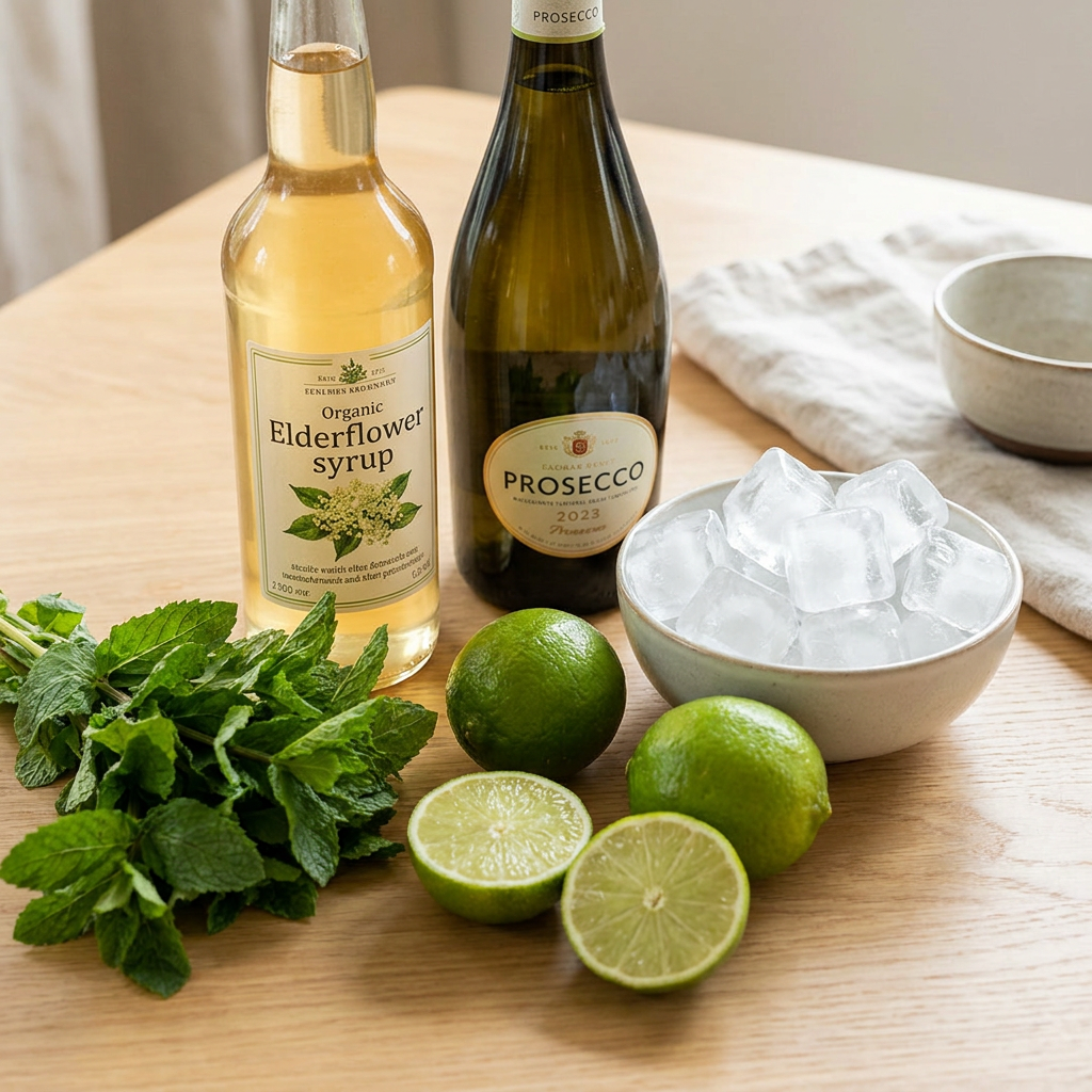 Zutaten für den perfekten Hugo Cocktail schön arrangiert