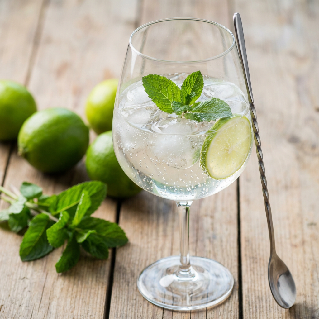 Erfrischender Hugo Cocktail mit Holunderblütensirup, Minze und Prosecco auf einer Sommerterrasse