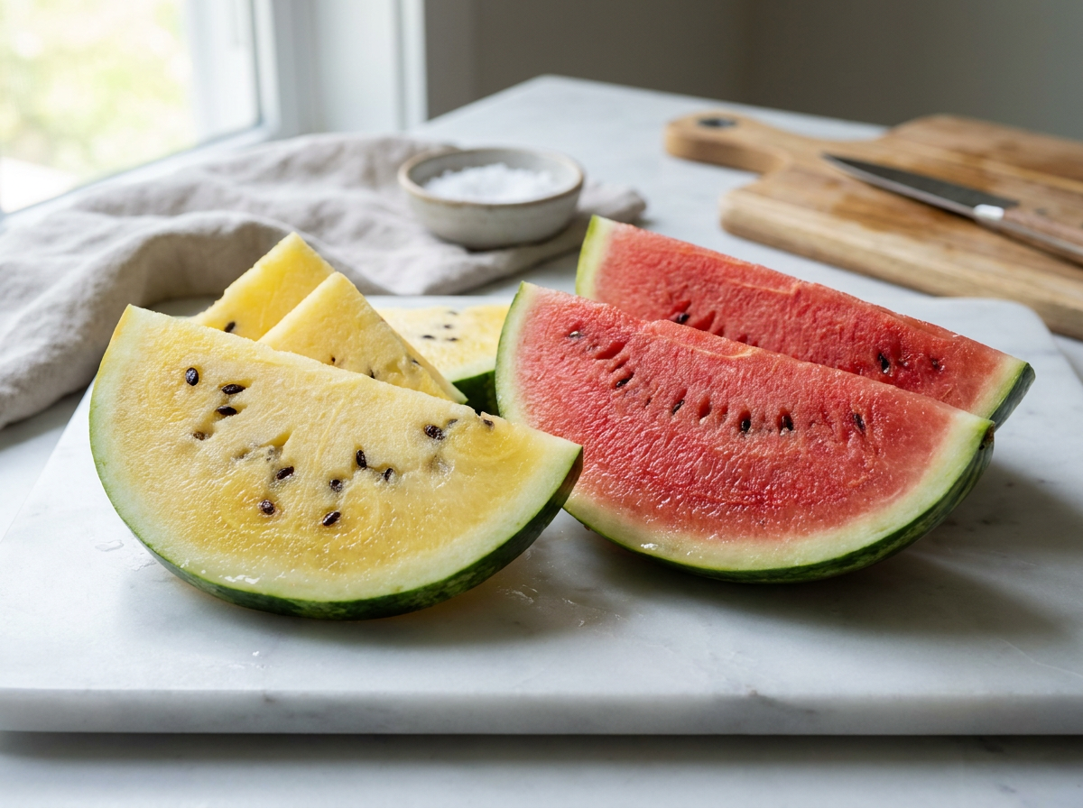 Scheiben von gelber und roter Wassermelone im Vergleich auf einer Marmorplatte