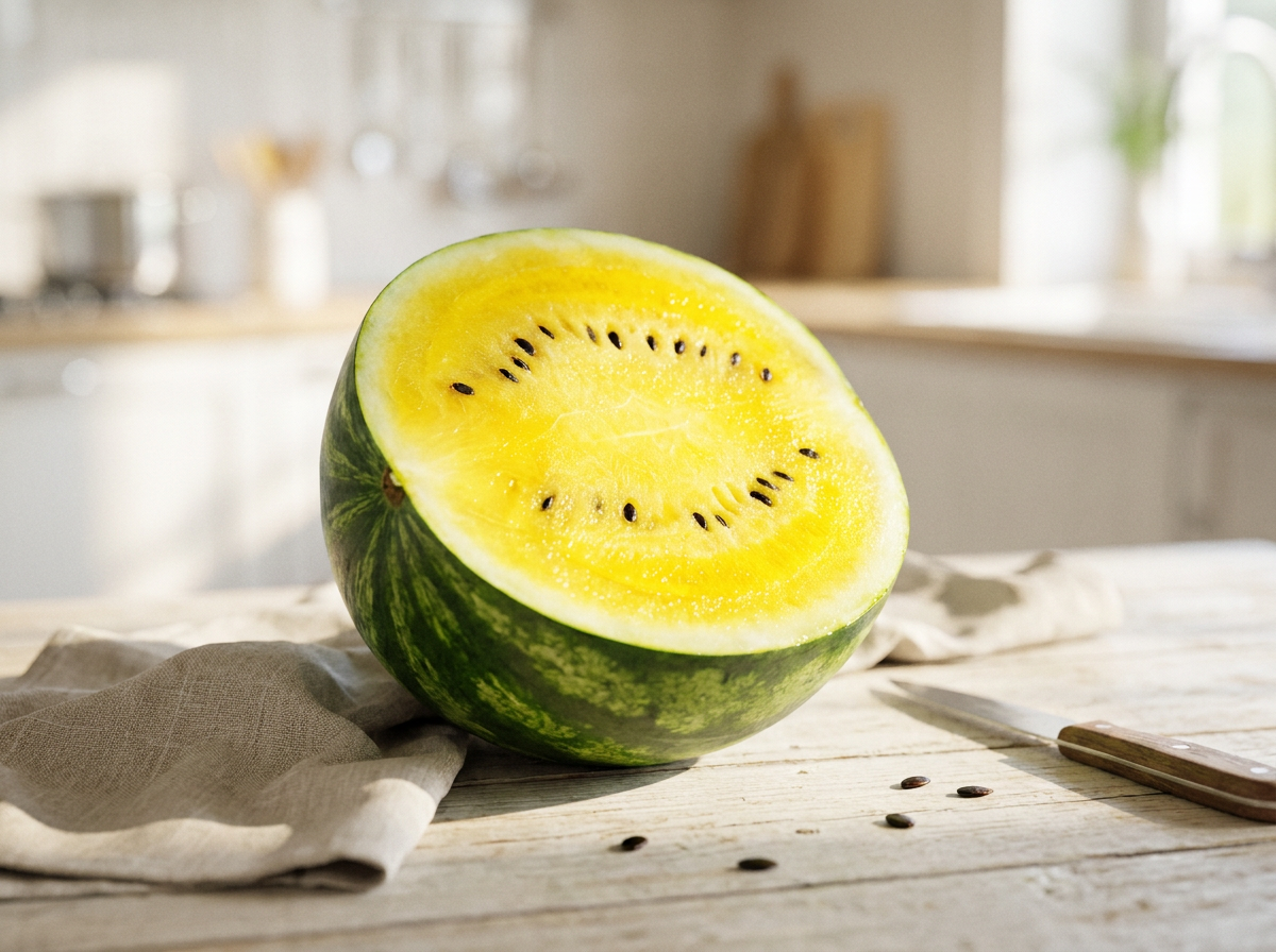 Gelbe Wassermelone aufgeschnitten mit leuchtend gelbem Fruchtfleisch