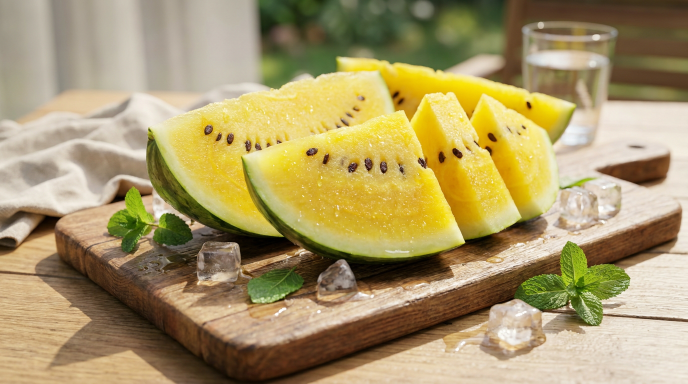 Aufgeschnittene gelbe Wassermelone mit Minze und Eiswürfeln auf einem Holzbrett