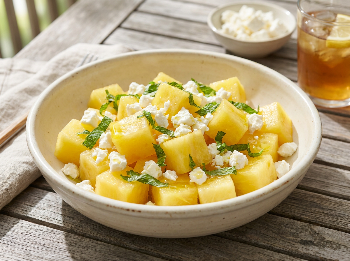 Salat aus gelber Wassermelone mit Feta und frischer Minze in einer Keramikschüssel