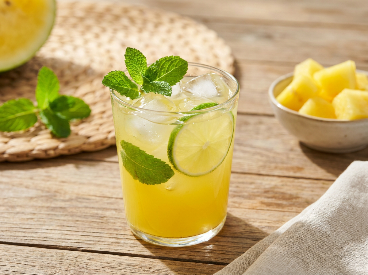Erfrischender Drink aus gelber Wassermelone mit Minze und Limette im Glas