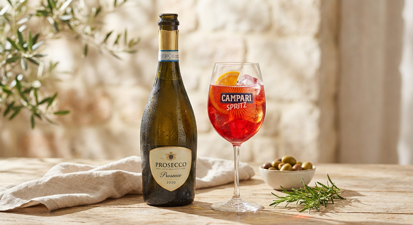 Prosecco bottle and elegant wine glass for Aperol Spritz
