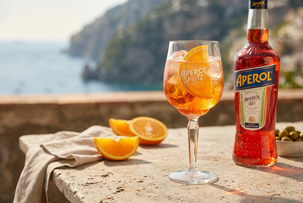 Preparation of Aperol Spritz with fresh ice cubes and a slice of orange