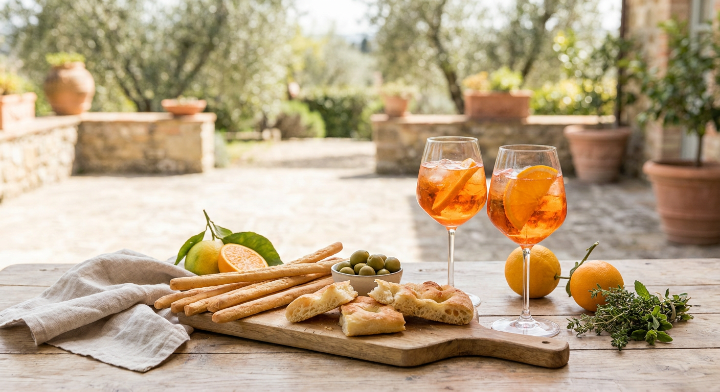 Italian aperitivo snacks with grissini, olives, and focaccia