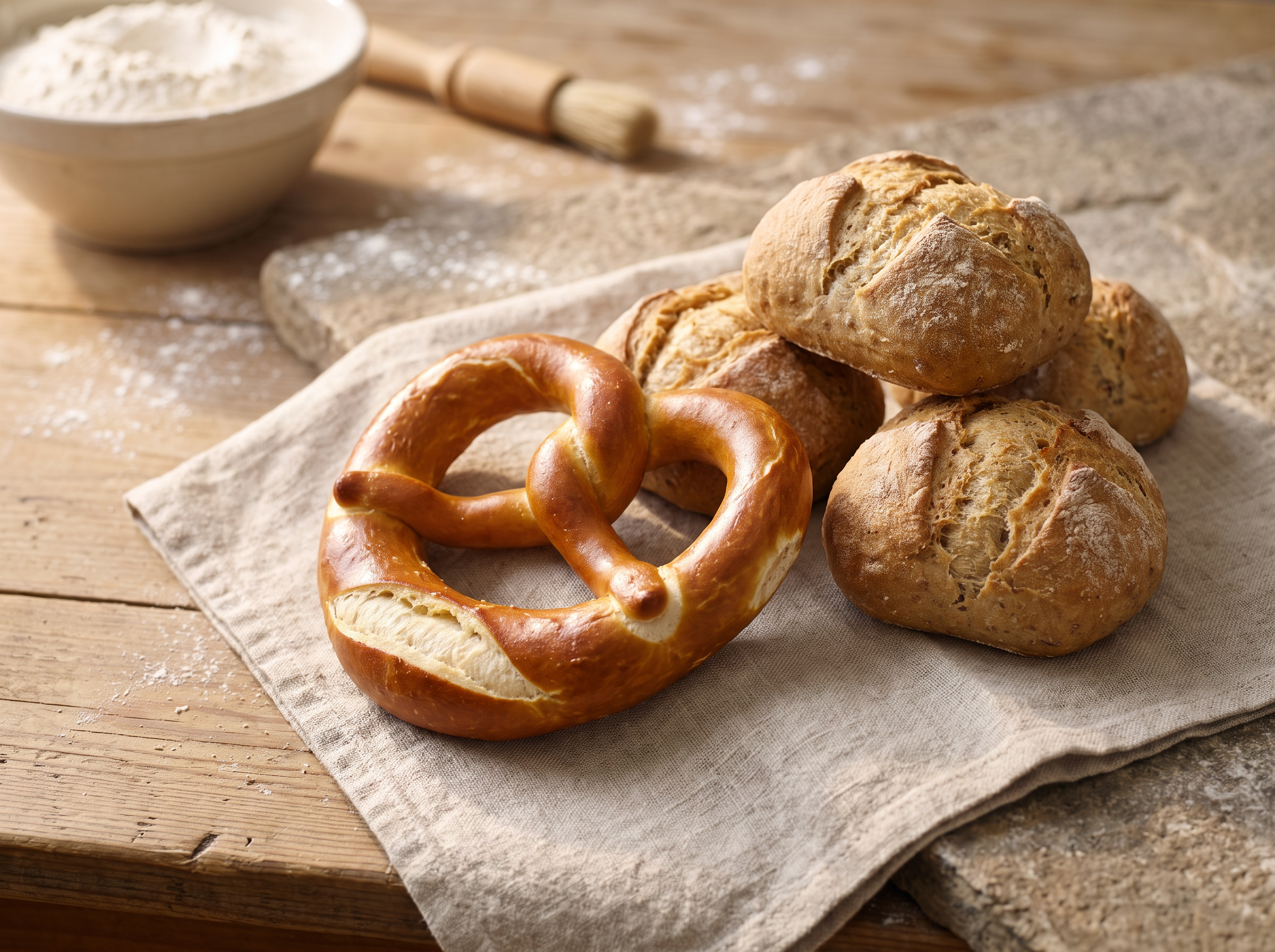 Golden-brown Viennese pretzel and hand-shaped loaves of bread on a wooden board
