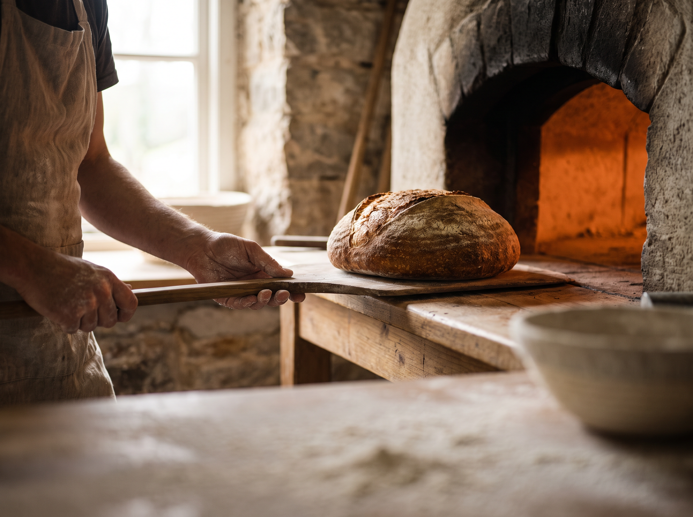 Baker's hands sliding a round sourdough loaf into a glowing wood-fired oven