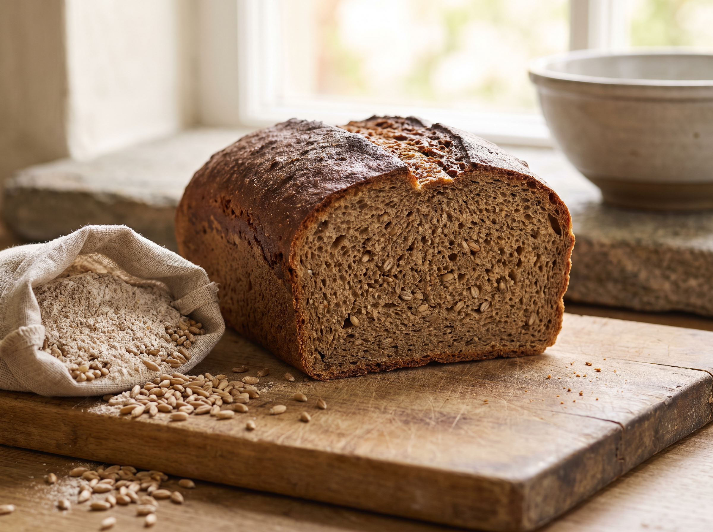 Sliced dark rye bread with a juicy crumb next to rye grains