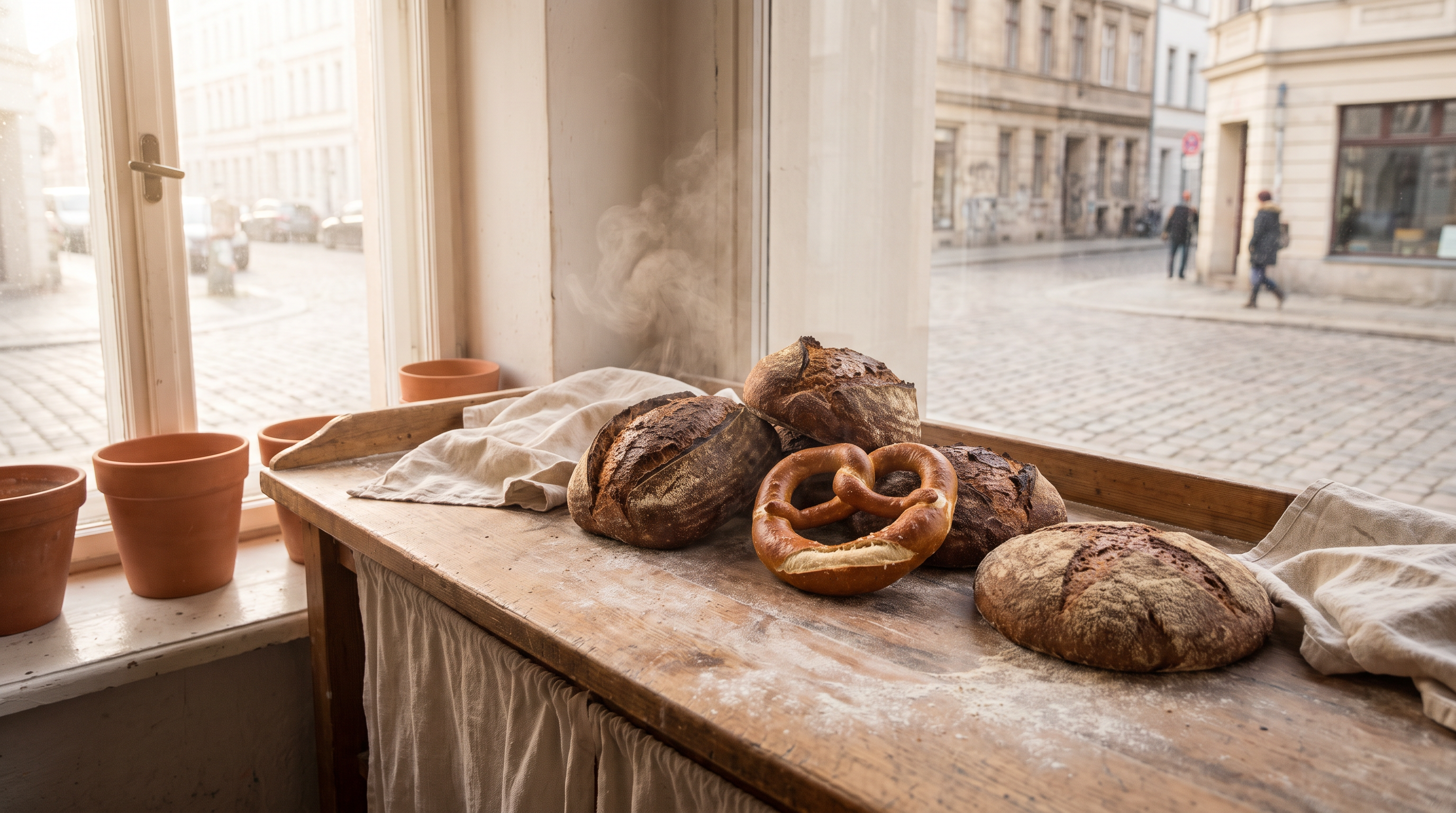 Freshly baked sourdough breads and a golden pretzel on a bakery counter in the warm morning light