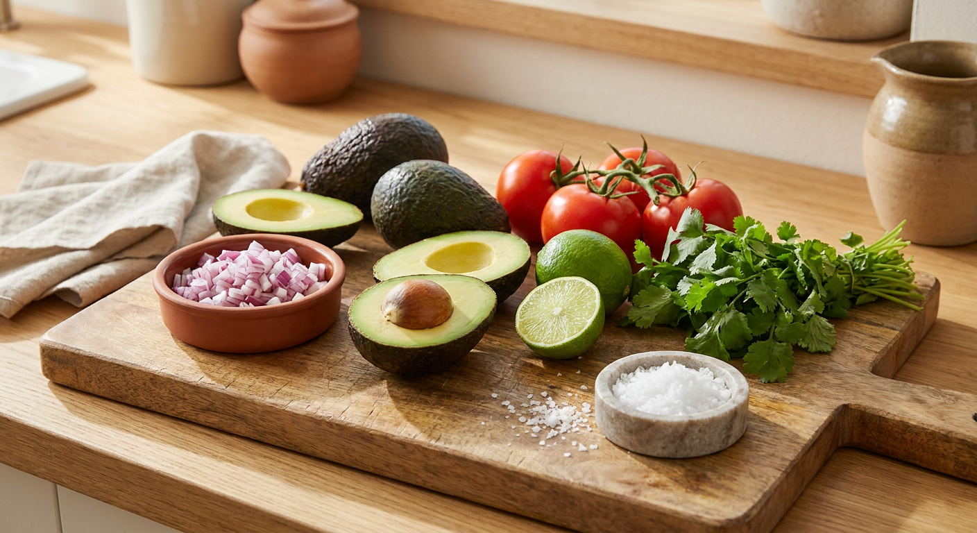 Frische Zutaten für Guacamole: Avocados, Limetten, Zwiebeln, Koriander und Tomaten