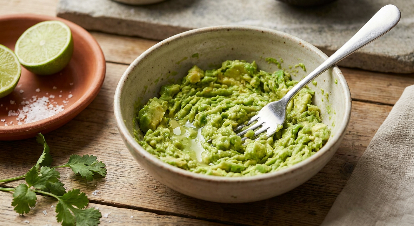 Avocadofleisch mit einer Gabel rustikal in einer Schüssel zerdrücken