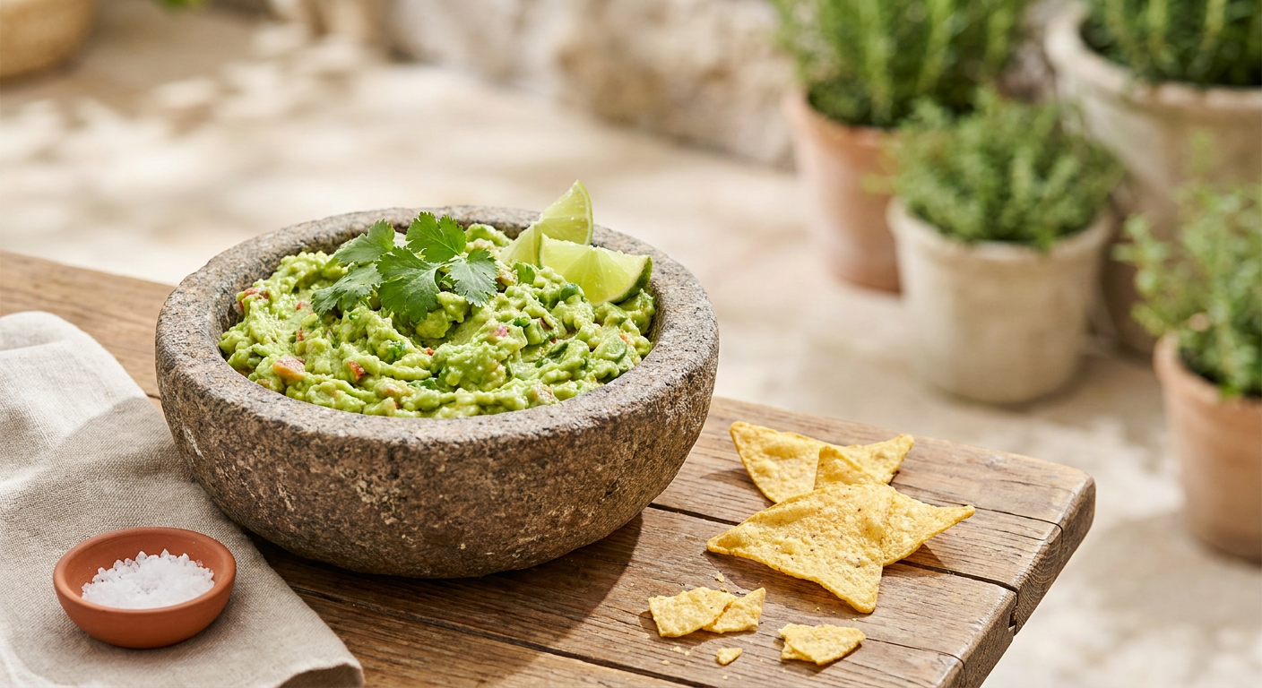 Frische mexikanische Guacamole in einer Steinschale mit Tortilla Chips