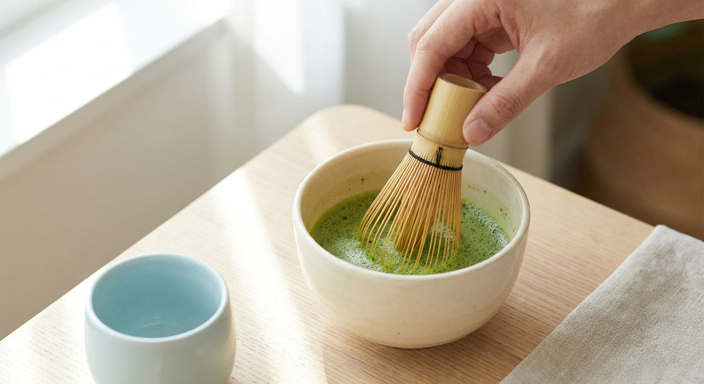 Matcha Tee mit Bambusbesen in Schale schaumig schlagen