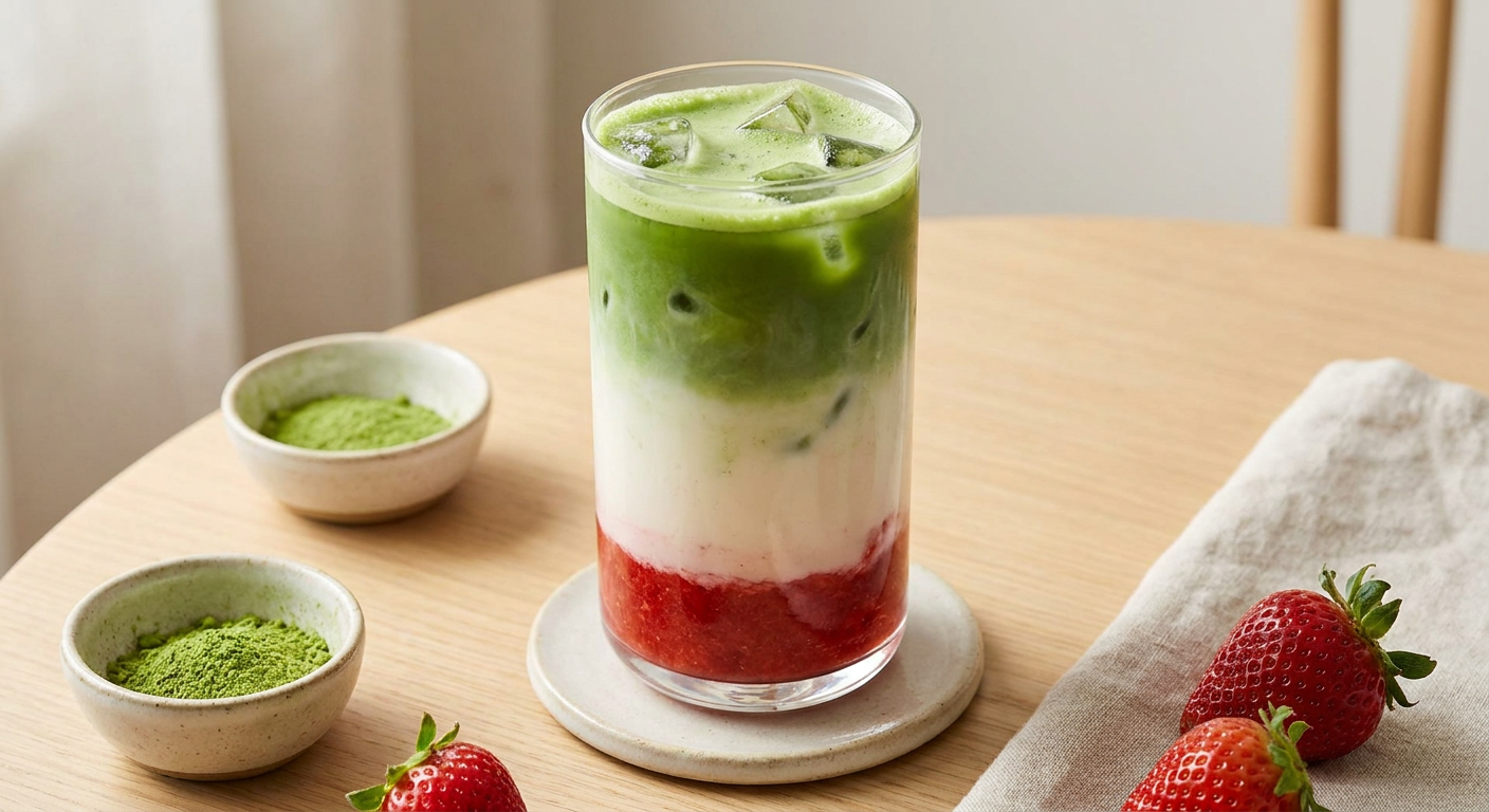 Iced Strawberry Matcha Latte mit erfrischenden Eiswürfeln