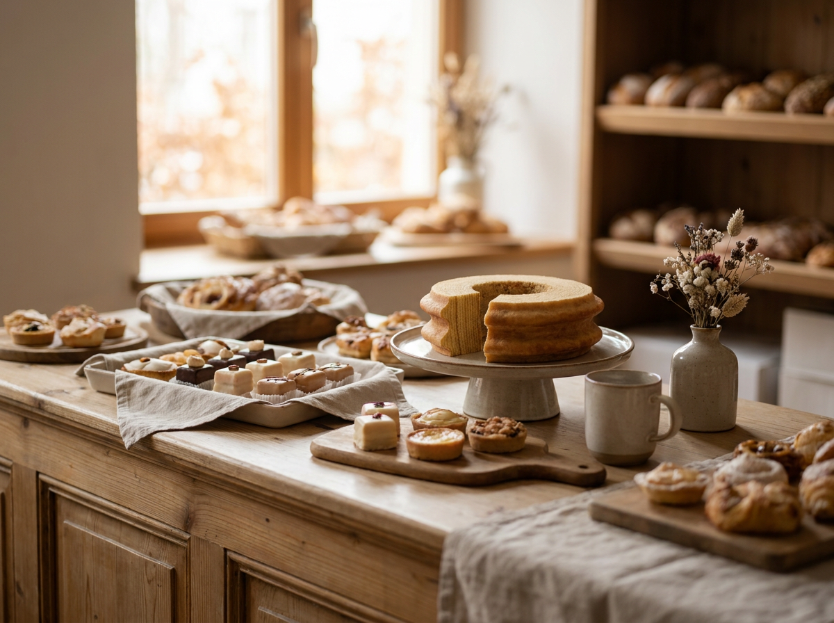Baumkuchenring und feine Petits Fours auf einer eleganten Konditoreitheke