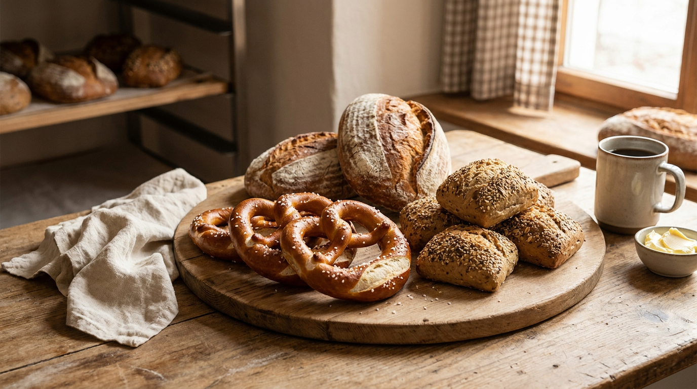 Frisch gebackene Brezeln und Sauerteigbrote auf einem Bäckereitresen im warmen Morgenlicht
