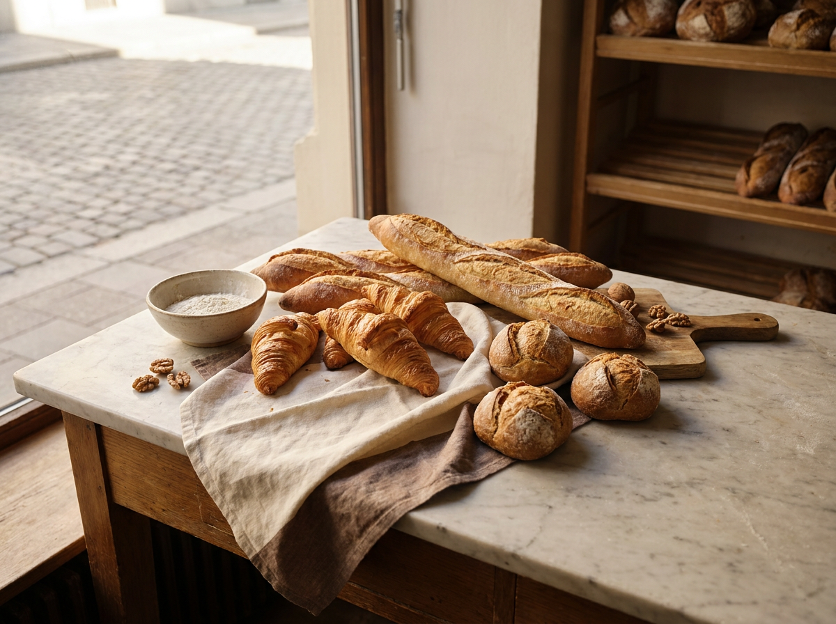 Französische Baguettes und Croissants auf einer Theke in einer Münchner Boulangerie