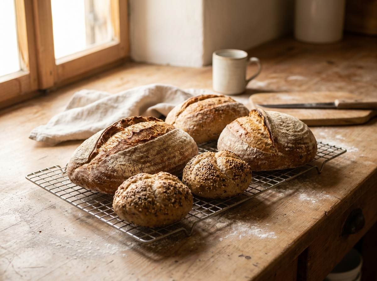 Bio-Brotlaibe und Saatensemmeln auf einem Kühlgitter in einer kleinen Backstube