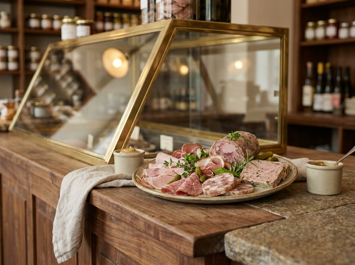 Feinkosttheke mit Aufschnitt und Wurstspezialitäten