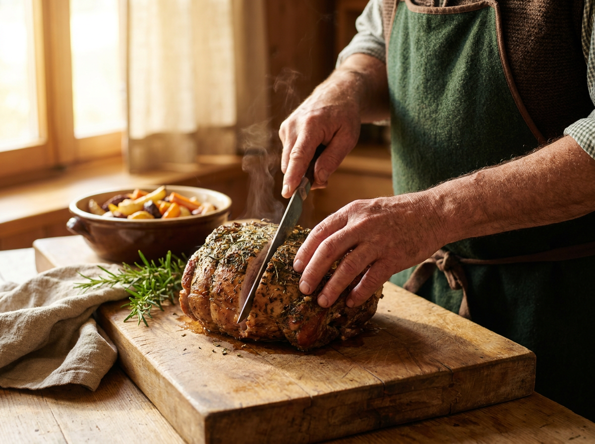 Metzgermeister schneidet einen Braten auf einem Holzblock
