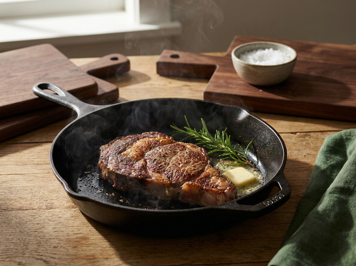Premium Steak in der Pfanne mit Rosmarin und Butter