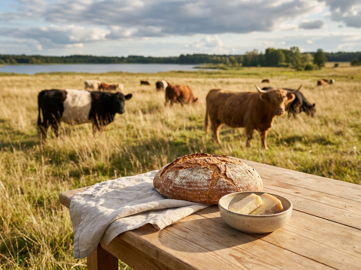 Weidende Rinder auf einer Wiese bei Sonnenaufgang