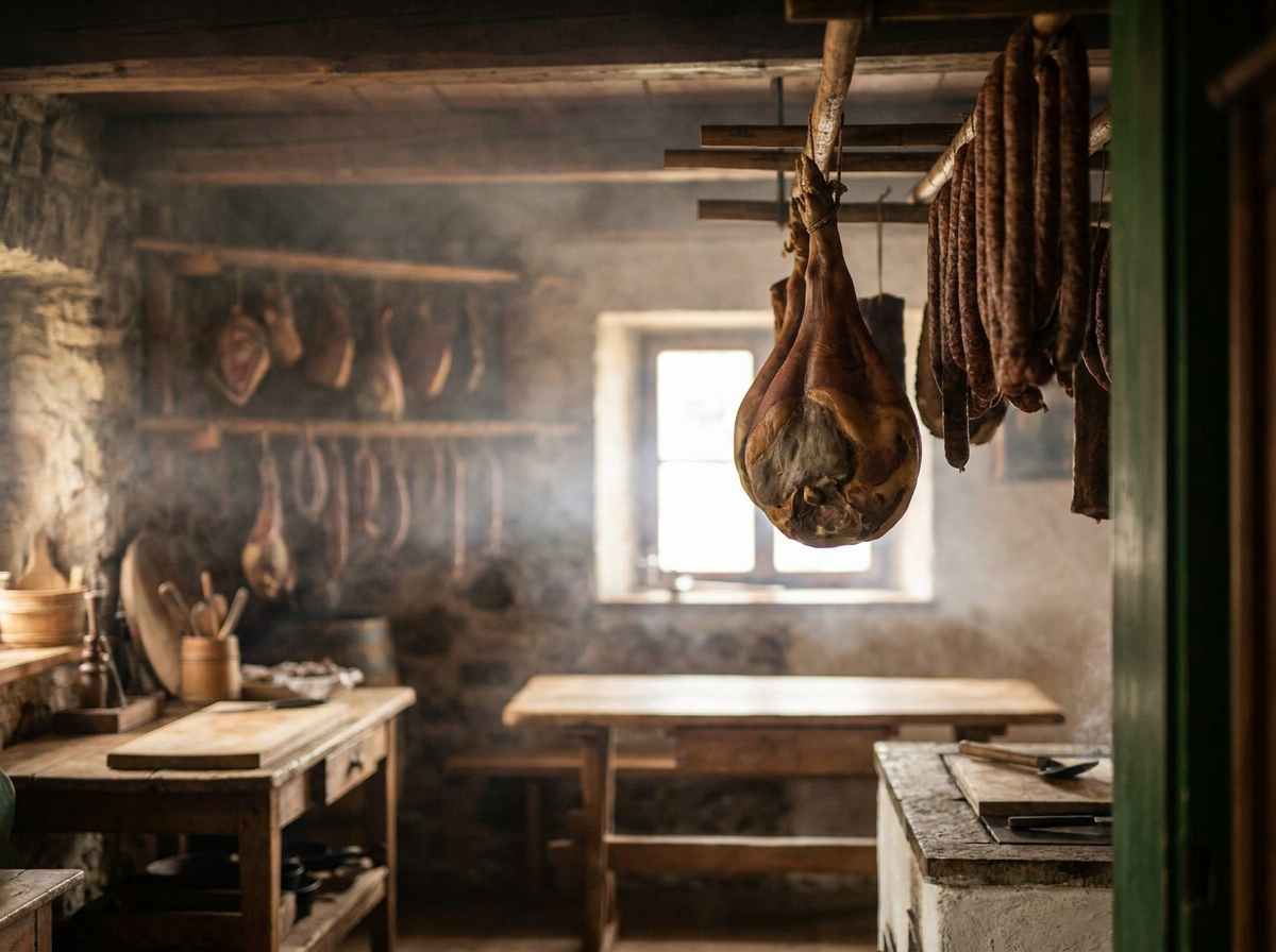 Bio-Aufschnitt und Fleischkäse auf einem Holzbrett