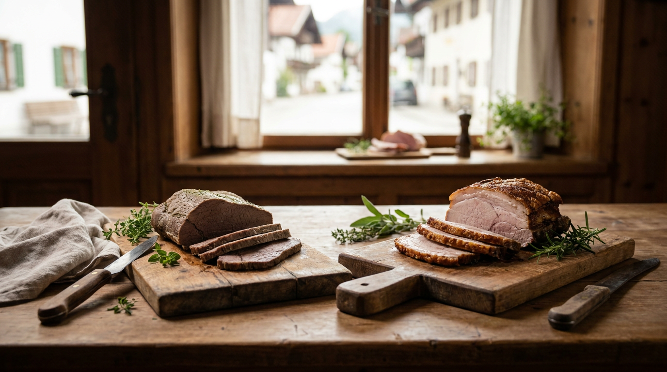 Bayerischer Metzgertresen mit frisch aufgeschnittenem Braten