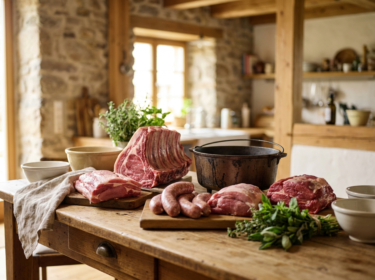 Handgeschnittenes Rindergulasch und Schweinebauch auf einem Metzgertisch