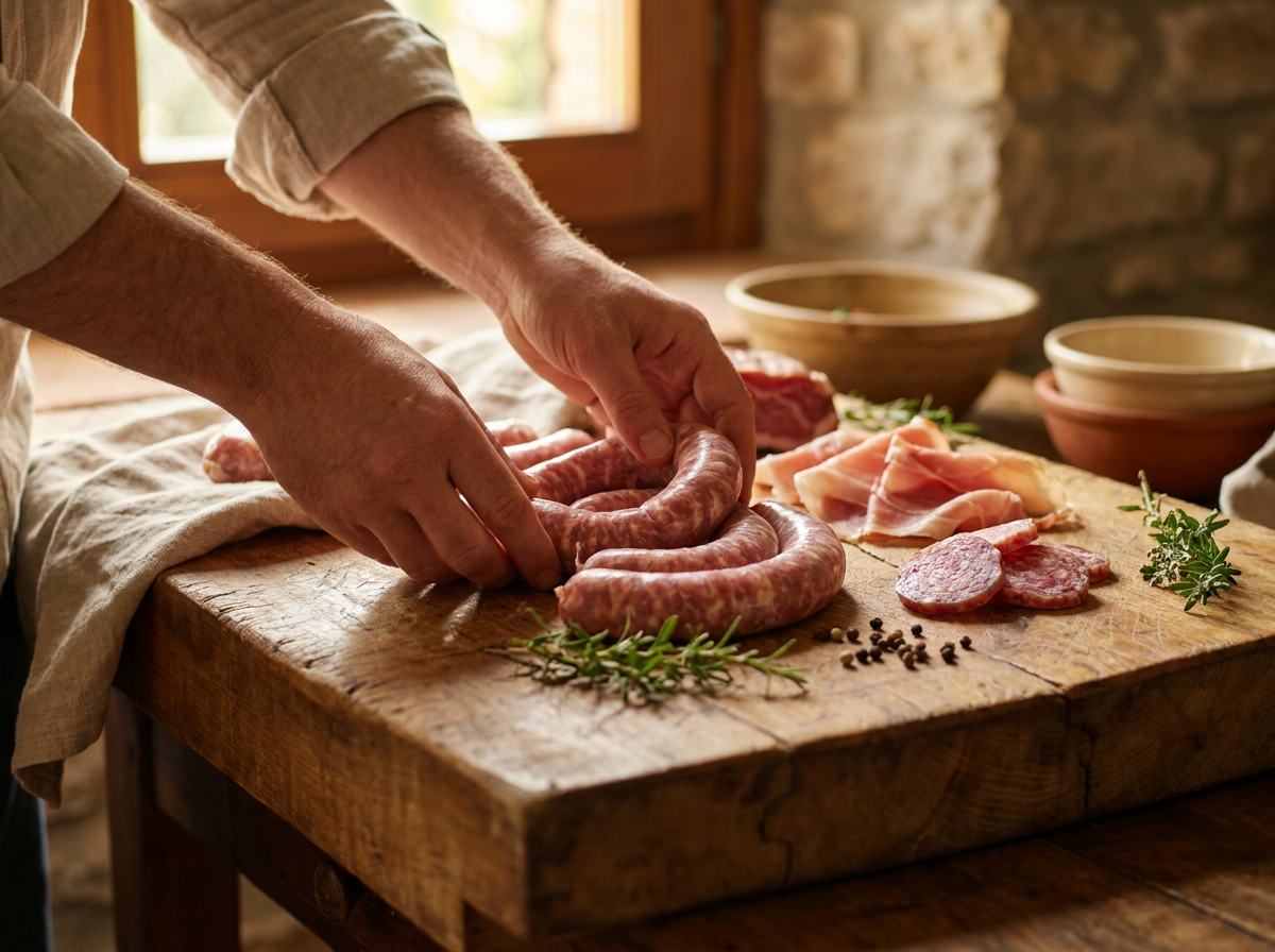 Frisch aufgeschnittene Bio-Wurstspezialitäten auf einem Holzblock