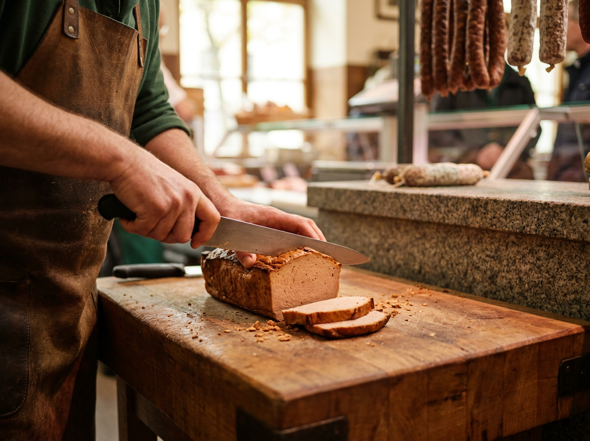 Metzgermeister schneidet Leberkäse auf einem Holzblock
