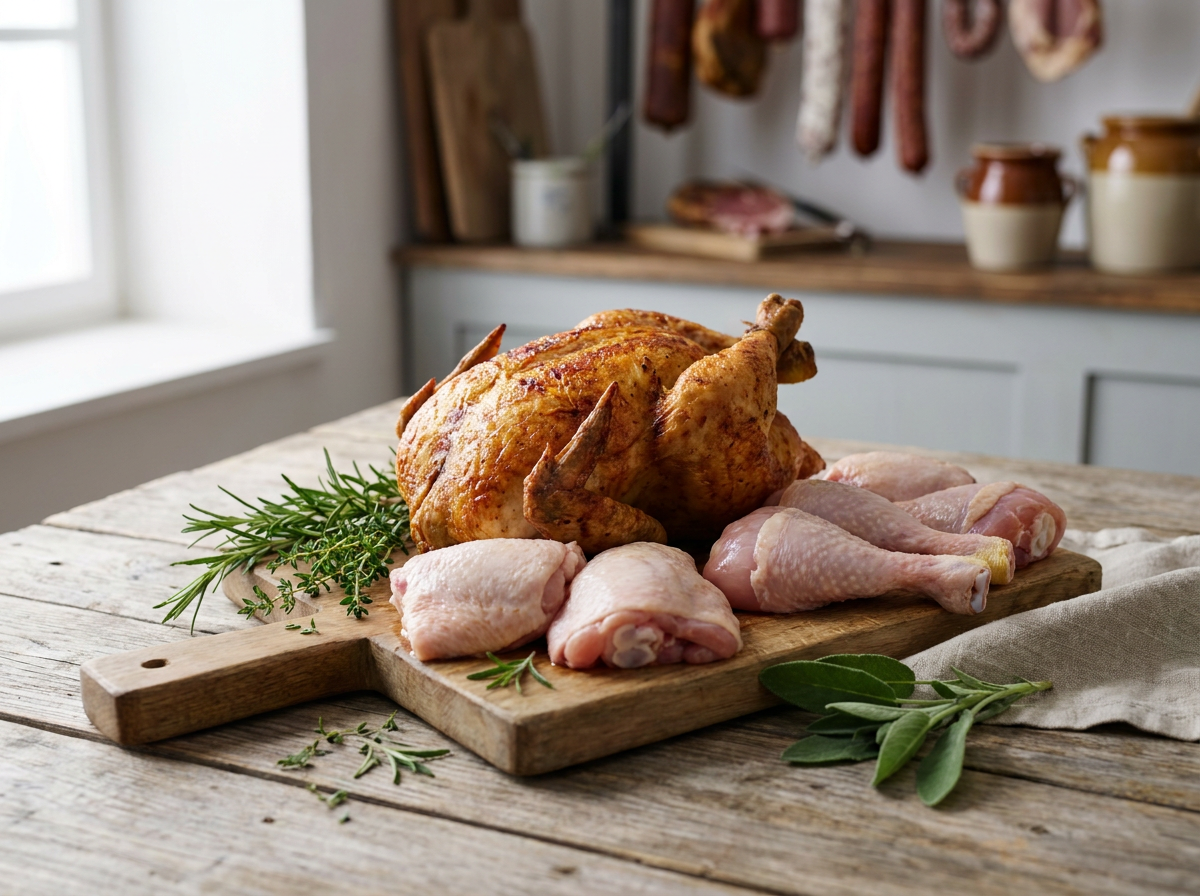 Ganzes Brathähnchen und rohe Hähnchenteile auf einem rustikalen Holztisch