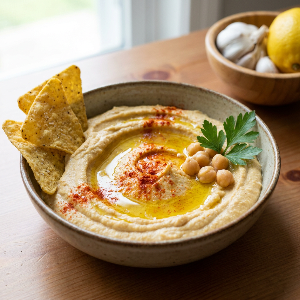 Bowl of creamy hummus, olive oil and chickpeas