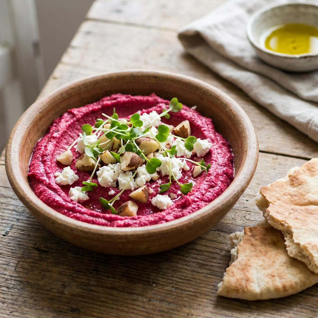 Beetroot hummus with toppings